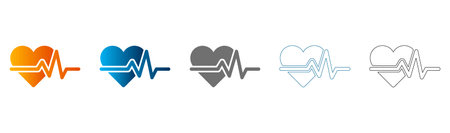 Solid black and colored heart beat pulse icons, flat icon set, vector, isolated on white background.