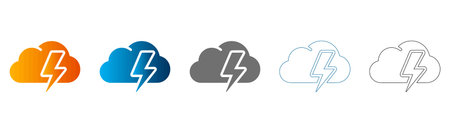 Flat icon set of storm cloud with lightning bolt, solid black outline, vector, isolated on white...