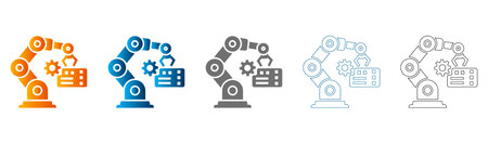 Set of flat icons featuring robotic arms with gears and cogs, solid black and colorful designs, vector graphics isolated on white background.のイラスト素材