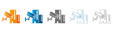 Flat icon set of CCTV camera security surveillance symbols in various colors, solid black outlines,...