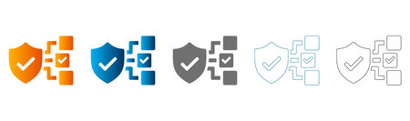 Solid black and colored flat icon set of shield security symbols with checkmark, vector, isolated on white background.のイラスト素材