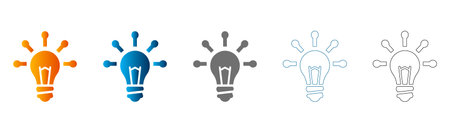 Flat icon set of light bulb symbols in various colors and styles, solid black outline, vector, isolated on white background.のイラスト素材