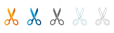 Flat icon set of scissors in various colors and styles, solid black, vector, isolated on white...