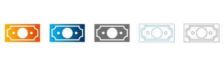 Simple flat icon set of money bill symbols in different colors and styles, solid black outline, vector, isolated on white background.のイラスト素材