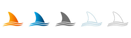 Flat icon set of shark fins in various colors and styles, solid black outline, vector, isolated on...