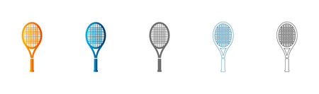 Collection of tennis racket icons in various colors and styles, flat icon, solid black, vector, isolated on white background.のイラスト素材