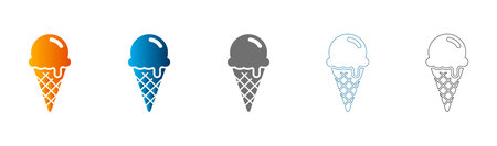 Colorful flat icon set of ice cream cones in various flavors with solid black outlines, vector illustration isolated on white background.のイラスト素材