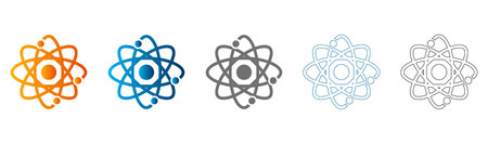 Flat icon set of atom symbols in various colors and styles, solid black outline, vector, isolated on white background.のイラスト素材