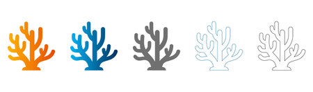 Flat icon set of coral reefs in various colors, solid black outline, vector, isolated on white background.のイラスト素材
