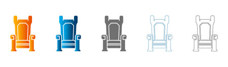 A set of throne chair icons in simple flat design style, showcasing different colors and outline versions. Vector illustration isolated on white background.のイラスト素材