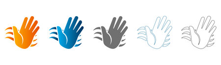 Collection of flat icon illustrations showing a hand waving. Solid black, blue, and orange options with motion lines, isolated vector graphics.のイラスト素材