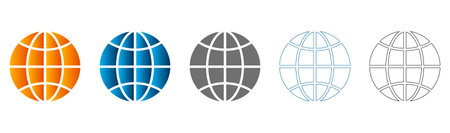 Collection of flat globe icons in various colors and styles, solid black outlines, vector graphics, isolated on white background.のイラスト素材
