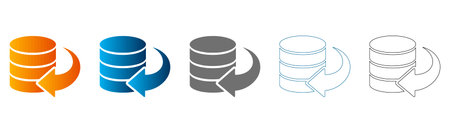 Flat icon set of database synchronization symbols in different colors, solid black outline, vector,...