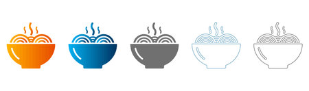 Flat icon set of bowl of noodle soup, solid black outline, vector, isolated on white background.