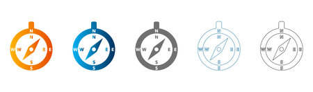 Flat icon set of compass navigation tools in various colors and styles, solid black vector, isolated...