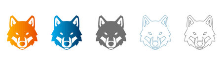 Collection of five wolf head icons in various colors and styles, solid black outline, flat icon,...