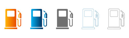 Flat icon set of fuel pumps in different colors, solid black outlines, vector, isolated on white background.のイラスト素材