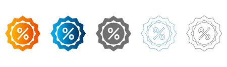 Set of flat icons with percentage symbol in various colors and styles, solid black vector, isolated on white background.のイラスト素材
