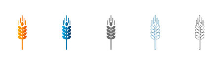 Flat icon set of wheat icons in different colors, solid black outline, vector, isolated on white background.のイラスト素材