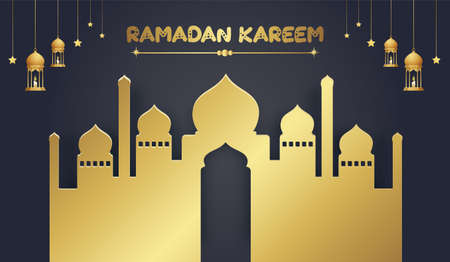 Ramadan background with a lantern, moon & star in the sky, and golden Arabic pattern.のイラスト素材