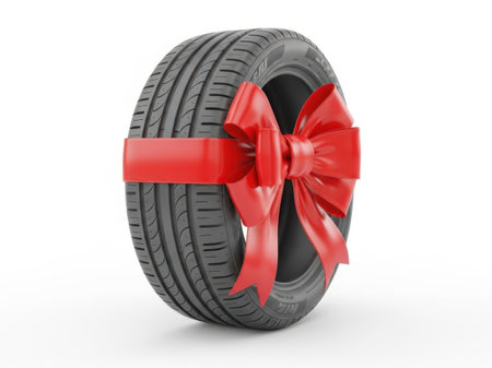 Decorative car tire with a festive red bowの素材