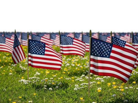Patriotic field displaying numerous american flagsの素材