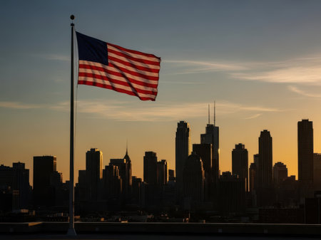 American flag flying proudly over a city skyline at sunsetの素材