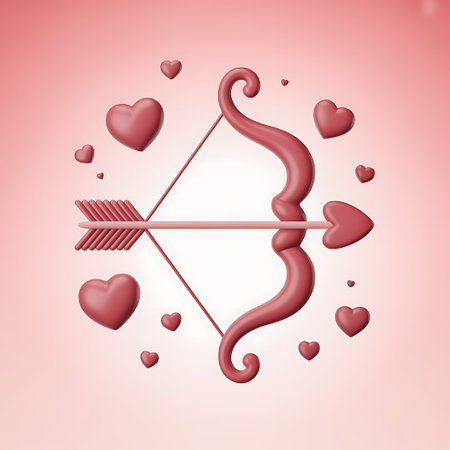 A 3D rendering of a bow and arrow with hearts floating around it set against a soft pink background The bow and arrow are depicted in a vibrant red color symbolizing love and affection perfect for Valentines Day or romantic themes The hearts are scattered around the bow and arrow creating a whimsical and festive atmosphere The image is isolated on a transparent background making it versatile for various design applicationsの素材