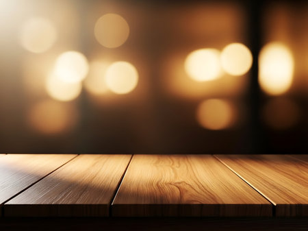 Empty wooden table with soft bokeh background isolated on white backgroundの素材