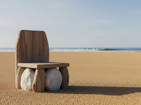 Rustic beachside wooden chair crafted from driftwood and stones isolated on white backgroundの素材
