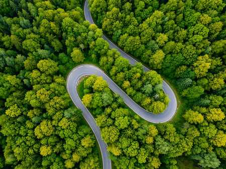 Serpentine road winding through lush green forest isolated on white backgroundの素材