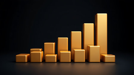 This image features a 3D golden bar graph with varying heights symbolizing growth and success The bars are arranged in a stepped formation with the highest bar prominently displayed on the right The background is transparent allowing for versatile use in various design projects The golden hue of the bars adds a sense of luxury and achievementの素材