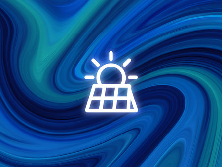 A white solar panel icon with a sun symbol above it set against a vibrant blue swirl background The image features a dynamic flowing pattern with shades of blue and green creating a modern and ecofriendly theme The solar panel is isolated on a transparent backgroundの素材