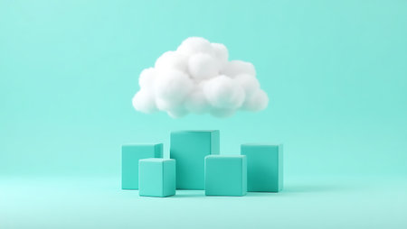 A 3D rendering featuring a fluffy white cloud hovering above a collection of light blue cubes The cubes are arranged in a staggered formation creating a sense of depth and dimension The entire scene is set against a light blue background giving it a clean and minimalistic appearance The image is isolated on a transparent backgroundの素材