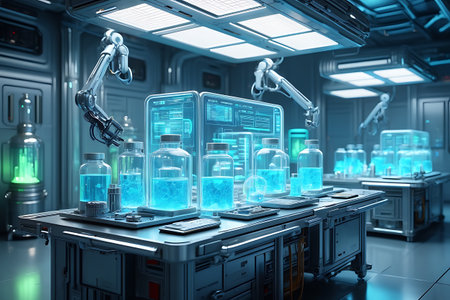 A futuristic laboratory setting featuring robotic arms handling various glass containers filled with blue liquid The room is equipped with advanced technology and illuminated by bright lights creating a sterile and hightech environmentの素材