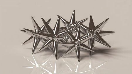 A cluster of metallic star sculptures arranged together on a reflective surface The stars have sharp angular points and are positioned in a seemingly random yet aesthetically pleasing manner The reflective surface below creates a mirrorlike effect enhancing the visual appeal of the arrangement Isolated on a transparent backgroundの素材