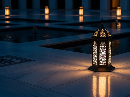 A serene nighttime scene featuring illuminated lanterns placed around a pool The lanterns cast a warm glow on the surrounding area creating a tranquil and inviting atmosphere The pool reflects the light enhancing the peaceful ambianceの素材