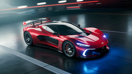 A sleek red sports car is prominently displayed in a modern garage setting The vehicle features a streamlined design with a large rear wing and distinctive headlights The garage is illuminated with vibrant neon lights creating a dynamic and futuristic atmosphere The cars design emphasizes speed and luxury making it the focal point of the imageの素材