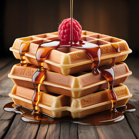 A stack of goldenbrown waffles drizzled with maple syrup and topped with a fresh raspberry placed on a wooden surface The syrup cascades down the sides of the waffles creating an appetizing breakfast scene The image is isolated on a transparent backgroundの素材