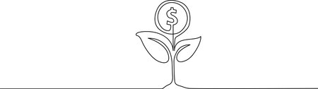 This image depicts a plant sprouting from a coin, with the plant's leaves forming a circular shape around the coin. The coin features a dollar sign, representing financial growth and prosperity. The plant's roots are intertwined with the coin, symbolizing the connection between financial investment and growth.のイラスト素材