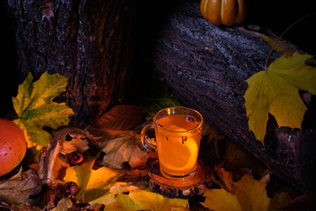 mulled beer in transparent glass with cloves and orange slice in the middle of the dark wood with pumpkin and leavesの写真素材