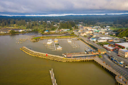 Aerial view of harbor in Bandon, Oregon.
