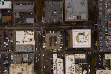 Busy downtown urban view from above by drone