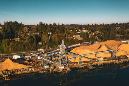 Aerial photo of a large saw mill in Coos Bay, Oregon.の写真素材