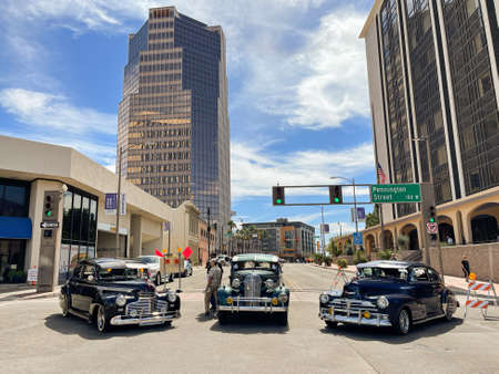 Old cars on display in Tucson, Arizona.のeditorial素材