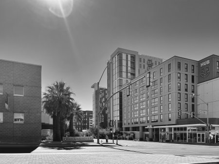 Modern buildings in Tucson near the University of Arizona, black and white.のeditorial素材