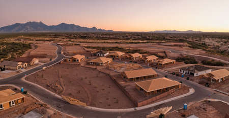 New home construction in Sahuarita Arizona, aerial at sunsetの写真素材