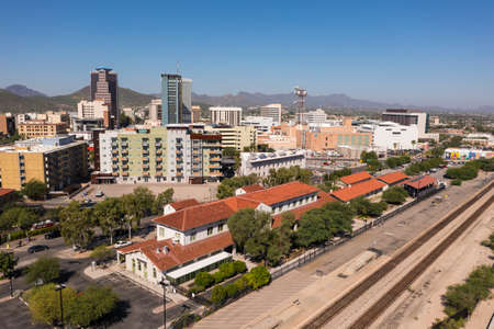 Tucson Arizona train station with skyline in background, aerial photoの写真素材