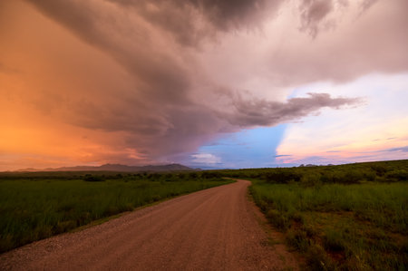 Vibrant sunset in Sonoita Arizona, road leading into the distance.の写真素材