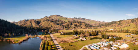 City of Powers, Oregon USA. Aerial image of county park and pondの写真素材